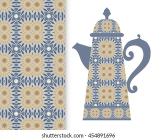 Teapot with decorative ornament and vertical floral geometric seamless pattern, hand drawn repeating texture for Wedding, Bridal, Valentine's day or Birthday Invitations. Fabric or paper print