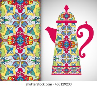 Teapot with decorative ornament and vertical floral geometric seamless pattern, hand drawn repeating texture for Wedding, Bridal, Valentine's day or Birthday Invitations. Fabric or paper print