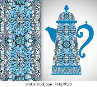 Teapot with decorative ornament and vertical floral geometric seamless pattern, hand drawn repeating texture for Wedding, Bridal, Valentine's day or Birthday Invitations. Fabric or paper print