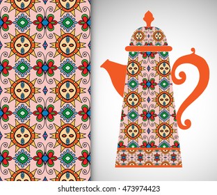 Teapot with decorative ornament and vertical floral geometric seamless pattern, hand drawn repeating texture for Wedding, Bridal, Valentine's day or Birthday Invitations. Fabric or paper print