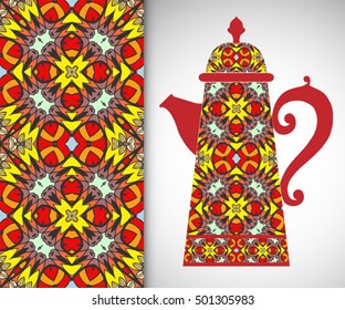 Teapot with decorative ornament and vertical floral geometric seamless pattern, hand drawn repeating texture for Wedding, Bridal, Valentine's day or Birthday Invitations. Fabric or paper print