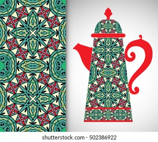 Teapot with decorative ornament and vertical floral geometric seamless pattern, hand drawn repeating texture for Wedding, Bridal, Valentine's day or Birthday Invitations. Fabric or paper print