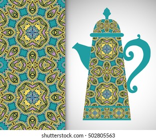 Teapot with decorative ornament and vertical floral geometric seamless pattern, hand drawn repeating texture for Wedding, Bridal, Valentine's day or Birthday Invitations. Fabric or paper print