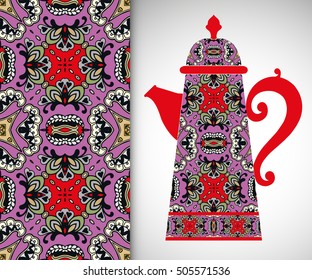 Teapot with decorative ornament and vertical floral geometric seamless pattern, hand drawn repeating texture for Wedding, Bridal, Valentine's day or Birthday Invitations. Fabric or paper print