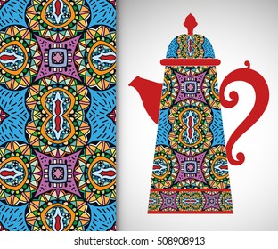 Teapot with decorative ornament and vertical floral geometric seamless pattern, hand drawn repeating texture for Wedding, Bridal, Valentine's day or Birthday Invitations. Fabric or paper print