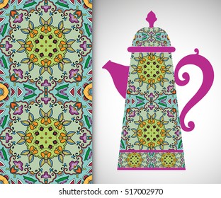 Teapot with decorative ornament and vertical floral geometric seamless pattern, hand drawn repeating texture for Wedding, Bridal, Valentine's day or Birthday Invitations. Fabric or paper print