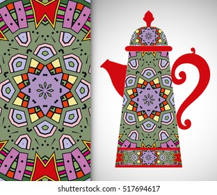 Teapot with decorative ornament and vertical floral geometric seamless pattern, hand drawn repeating texture for Wedding, Bridal, Valentine's day or Birthday Invitations. Fabric or paper print