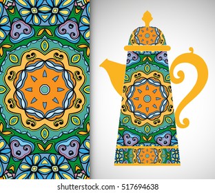 Teapot with decorative ornament and vertical floral geometric seamless pattern, hand drawn repeating texture for Wedding, Bridal, Valentine's day or Birthday Invitations. Fabric or paper print