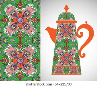Teapot with decorative ornament and vertical floral geometric seamless pattern, hand drawn repeating texture for Wedding, Bridal, Valentine's day or Birthday Invitations. Fabric or paper print