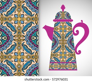 Teapot with decorative ornament and vertical floral geometric seamless pattern, hand drawn repeating texture for Wedding, Bridal, Valentine's day or Birthday Invitations. Fabric or paper print