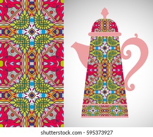 Teapot with decorative ornament and vertical floral geometric seamless pattern, hand drawn repeating texture for Wedding, Bridal, Valentine's day or Birthday Invitations. Fabric or paper print