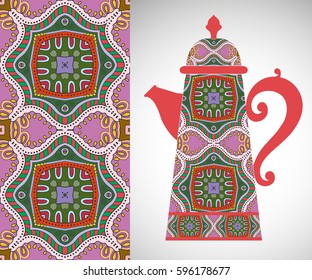 Teapot with decorative ornament and vertical floral geometric seamless pattern, hand drawn repeating texture for Wedding, Bridal, Valentine's day or Birthday Invitations. Fabric or paper print