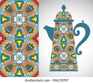 Teapot with decorative ornament and vertical floral geometric seamless pattern, hand drawn repeating texture for Wedding, Bridal, Valentine's day or Birthday Invitations. Fabric or paper print