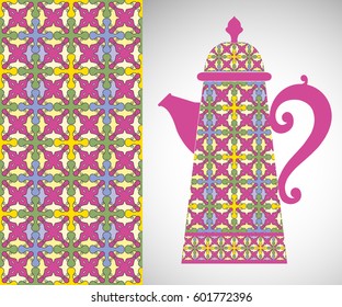 Teapot with decorative ornament and vertical floral geometric seamless pattern, hand drawn repeating texture for Wedding, Bridal, Valentine's day or Birthday Invitations. Fabric or paper print