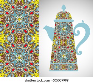Teapot with decorative ornament and vertical floral geometric seamless pattern, hand drawn repeating texture for Wedding, Bridal, Valentine's day or Birthday Invitations. Fabric or paper print