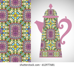 Teapot with decorative ornament and vertical floral geometric seamless pattern, hand drawn repeating texture for Wedding, Bridal, Valentine's day or Birthday Invitations. Fabric or paper print