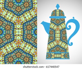 Teapot with decorative ornament and vertical floral geometric seamless pattern, hand drawn repeating texture for Wedding, Bridal, Valentine's day or Birthday Invitations. Fabric or paper print