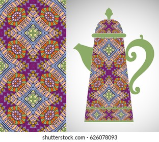 Teapot with decorative ornament and vertical floral geometric seamless pattern, hand drawn repeating texture for Wedding, Bridal, Valentine's day or Birthday Invitations. Fabric or paper print