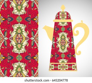 Teapot with decorative ornament and vertical floral geometric seamless pattern, hand drawn repeating texture for Wedding, Bridal, Valentine's day or Birthday Invitations. Fabric or paper print