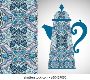 Teapot with decorative ornament and vertical floral geometric seamless pattern, hand drawn repeating texture for Wedding, Bridal, Valentine's day or Birthday Invitations. Fabric or paper print