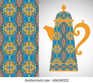 Teapot with decorative ornament and vertical floral geometric seamless pattern, hand drawn repeating texture for Wedding, Bridal, Valentine's day or Birthday Invitations. Fabric or paper print