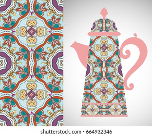 Teapot with decorative ornament and vertical floral geometric seamless pattern, hand drawn repeating texture for Wedding, Bridal, Valentine's day or Birthday Invitations. Fabric or paper print