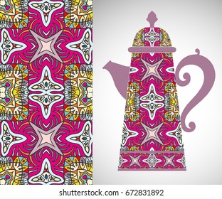 Teapot with decorative ornament and vertical floral geometric seamless pattern, hand drawn repeating texture for Wedding, Bridal, Valentine's day or Birthday Invitations. Fabric or paper print