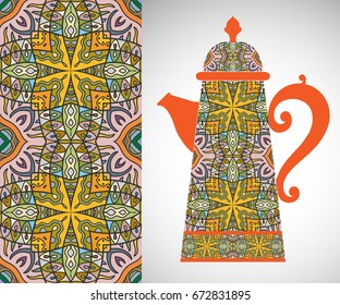 Teapot with decorative ornament and vertical floral geometric seamless pattern, hand drawn repeating texture for Wedding, Bridal, Valentine's day or Birthday Invitations. Fabric or paper print