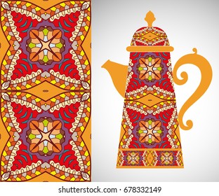 Teapot with decorative ornament and vertical floral geometric seamless pattern, hand drawn repeating texture for Wedding, Bridal, Valentine's day or Birthday Invitations. Fabric or paper print