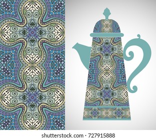 Teapot with decorative ornament and vertical floral geometric seamless pattern, hand drawn repeating texture for Wedding, Bridal, Valentine's day or Birthday Invitations. Fabric or paper print