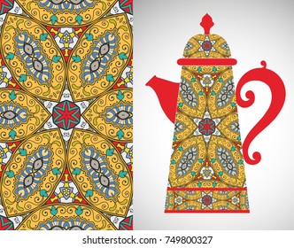 Teapot with decorative ornament and vertical floral geometric seamless pattern, hand drawn repeating texture for Wedding, Bridal, Valentine's day or Birthday Invitations. Fabric or paper print