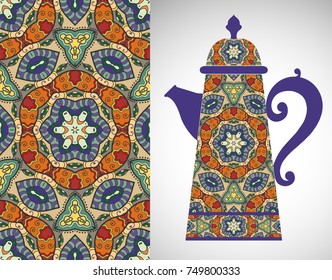 Teapot with decorative ornament and vertical floral geometric seamless pattern, hand drawn repeating texture for Wedding, Bridal, Valentine's day or Birthday Invitations. Fabric or paper print
