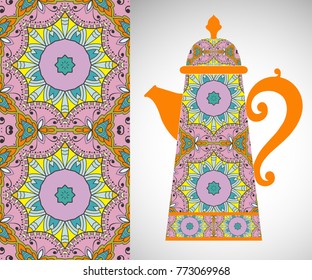 Teapot with decorative ornament and vertical floral geometric seamless pattern, hand drawn repeating texture for Wedding, Bridal, Valentine's day or Birthday Invitations. Fabric or paper print