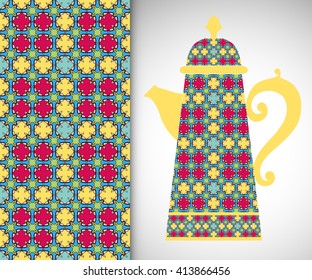 Teapot with decorative ornament and vertical geometric seamless pattern, hand drawn repeating texture for Wedding, Bridal, Valentine's day or Birthday Invitations. Fabric or paper print