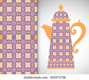 Teapot with decorative ornament and vertical geometric seamless pattern, graphic repeating texture for cards, invitations, fabric or paper print. Tribal ethnic ornament, home decor background