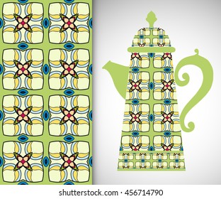 Teapot with decorative ornament and vertical geometric seamless pattern, graphic repeating texture for cards, invitations, fabric or paper print. Tribal ethnic ornament, home decor background