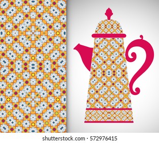 Teapot with decorative ornament and vertical geometric seamless pattern, graphic repeating texture for cards, invitations, fabric or paper print. Tribal ethnic ornament, home decor background