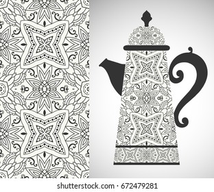 Teapot with decorative ornament and vertical geometric seamless pattern, endless repeating texture for cards or Invitations, fabric or paper print. Black and white graphic background, interior design