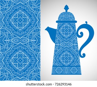 Teapot with decorative ornament and vertical geometric seamless pattern, endless repeating texture for cards or Invitations, fabric or paper print. Blue and white graphic background, interior design