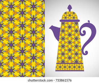 Teapot with decorative ornament and vertical geometric seamless pattern, graphic repeating texture for cards, invitations, fabric or paper print. Tribal ethnic ornament, home decor background