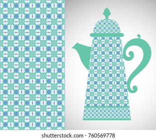Teapot with decorative ornament and vertical geometric seamless pattern with repeating texture for Wedding, Bridal, Valentine's day or Birthday Invitation card. Textile fabric or paper print