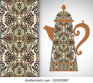 Teapot with decorative ornament and vertical seamless pattern, hand drawn texture for fabric print, Invitations or Cards