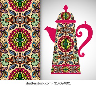 Teapot with decorative ornament and vertical seamless pattern, hand drawn texture for Wedding, Bridal, Valentine's day or Birthday Invitations. Fabric or paper print, vector fashion illustration.