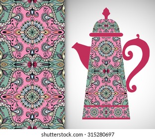 Teapot with decorative ornament and vertical seamless pattern, hand drawn texture for Wedding, Bridal, Valentine's day or Birthday Invitations. Fabric or paper print, vector fashion illustration.