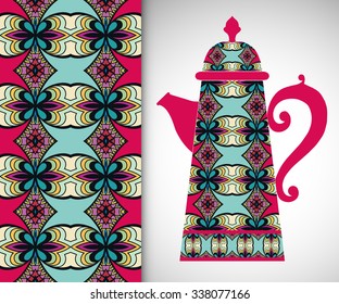 Teapot with decorative ornament and vertical seamless pattern, hand drawn texture for Wedding, Bridal, Valentine's day or Birthday Invitations. Fabric or paper print