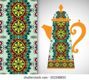 Teapot with decorative ornament and vertical seamless pattern, hand drawn texture for Wedding, Bridal, Valentine's day or Birthday Invitations. Fabric or paper print