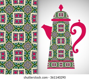 Teapot with decorative ornament and vertical seamless pattern, hand drawn texture for Wedding, Bridal, Valentine's day or Birthday Invitations. Fabric or paper print