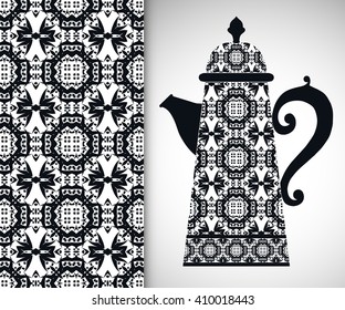 Teapot with decorative ornament and vertical seamless geometric pattern. Black and white interior background.