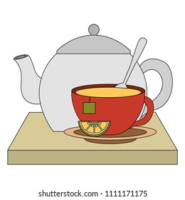 teapot with delicious lemon tea cup and tray