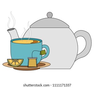 teapot with delicious lemon tea cup isolated icon